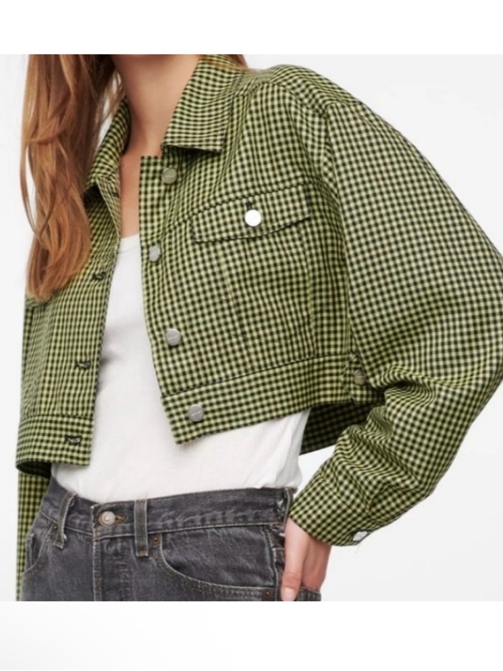 Capulet Green and Black Gingham Cropped Trucker Jacket Size XS